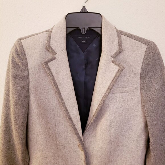 Tommy Hilfiger Grey Color Blocked One Button Wool Blend Blazer Size 2 EUC - Picture 2 of 12